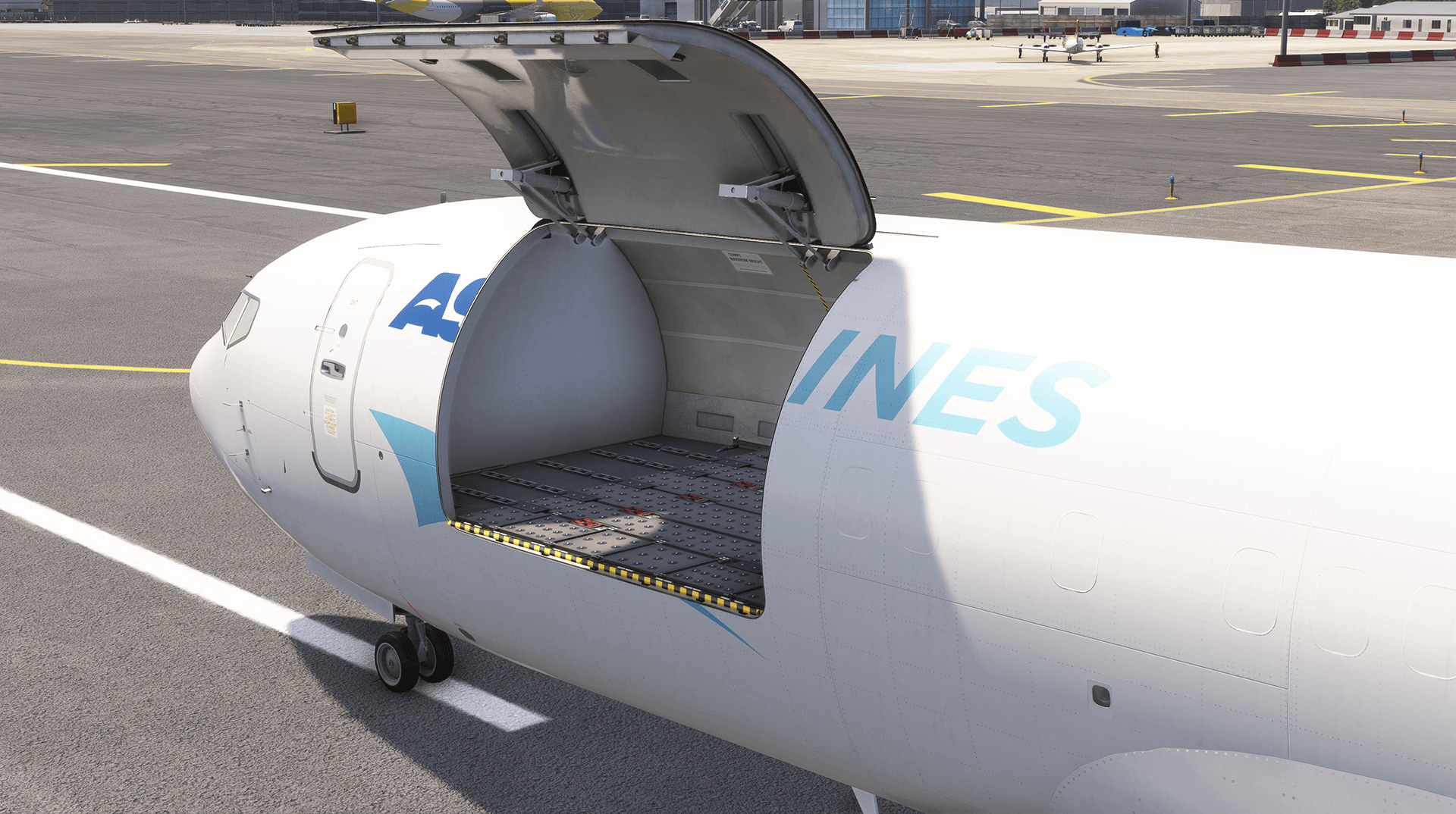 Close-up view of the open 737 freighter cargo door and cargo bay