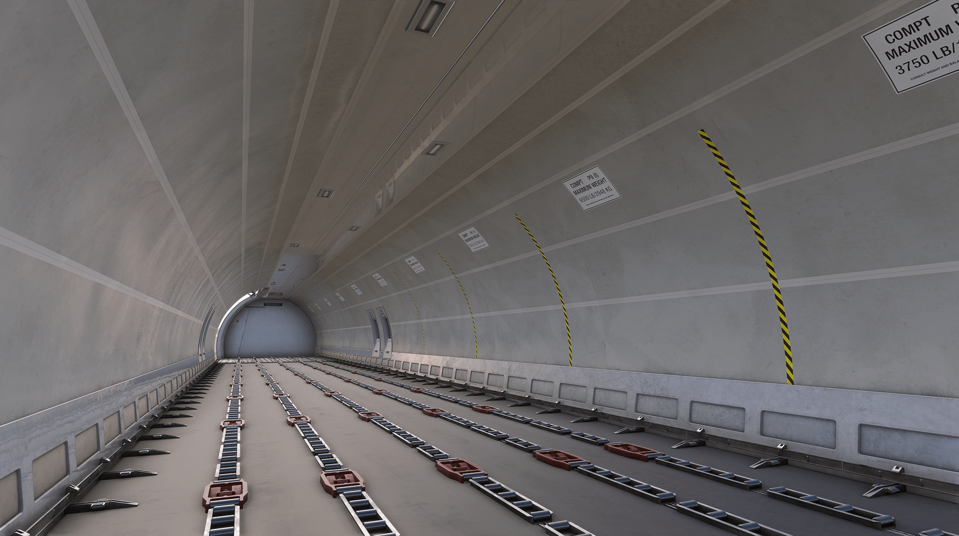 Interior preview of the 737 freighter main deck cargo hold and restraint tracks