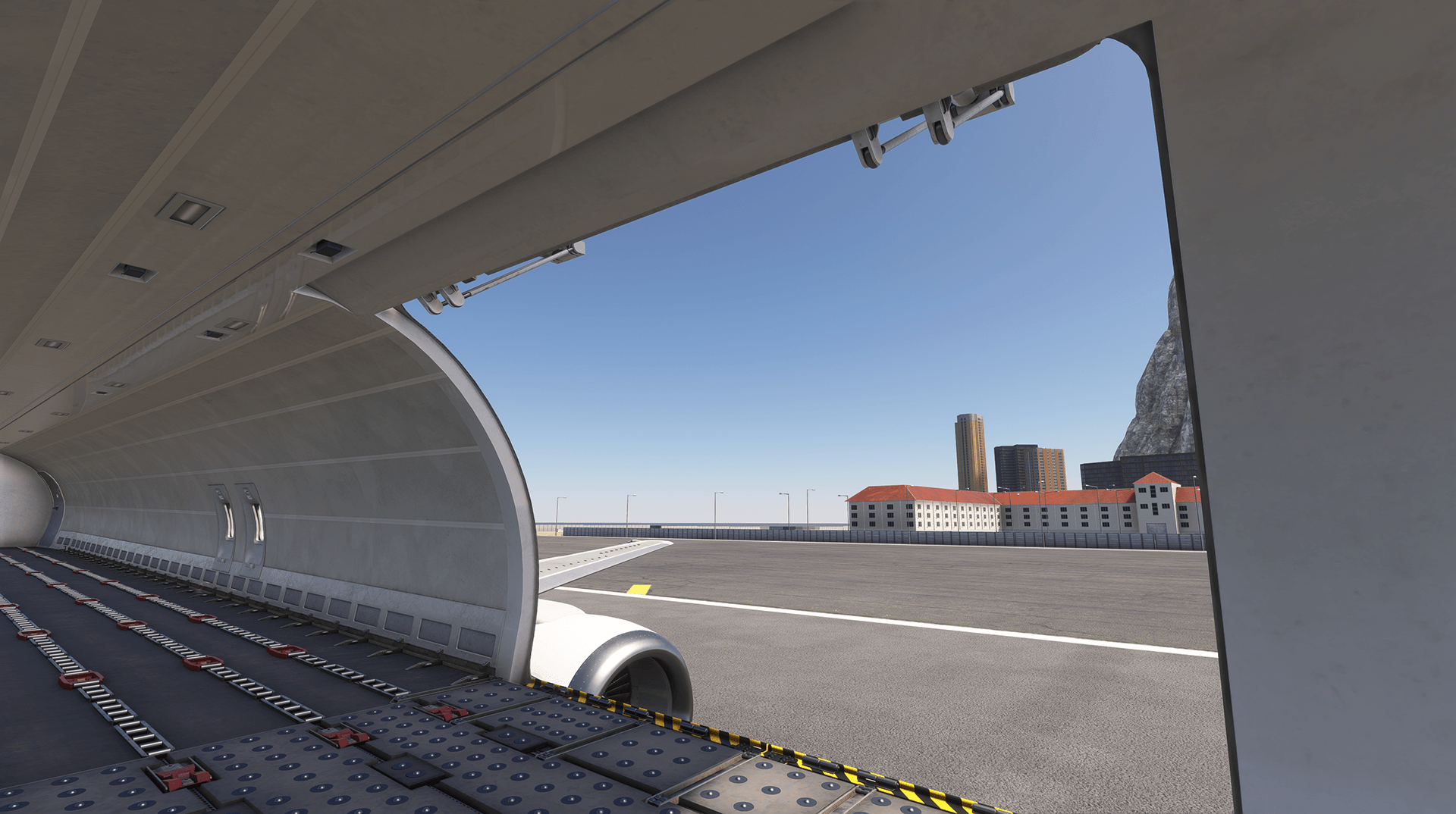 Interior view from the 737 freighter cargo hold looking out through the main cargo door